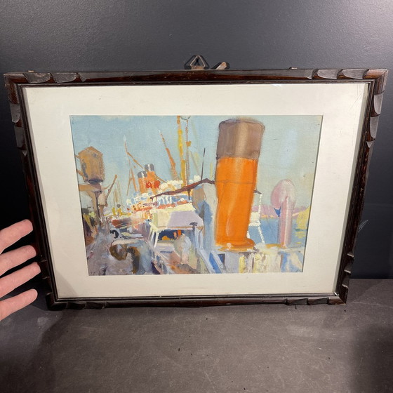 Jules Van De Leene, Paquebot au quai, années 1920, Gouache – Peintures et dessins, Paper, Wood, Art Deco (photo 2 of 11)