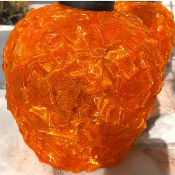 Space Age Orange Lucite Spaghetti 3-Light Cascading Hanging Light Chandelier, 1970s – Wood (photo 8 of 11)