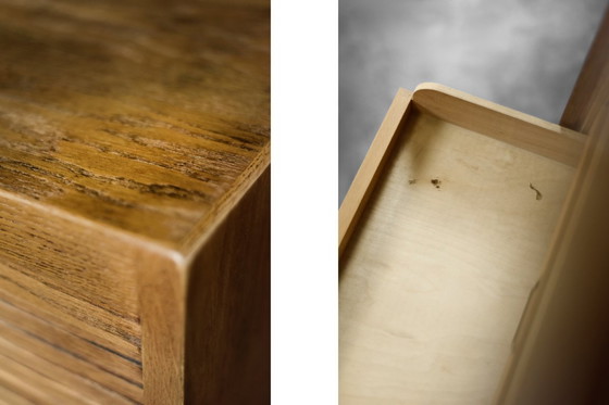 Image 1 of Vintage industriële Deense rolluikkast van bruin eikenhout met meerdere lades, jaren 50