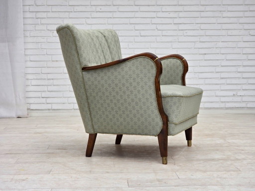 Fauteuil danois des années 1960, tissu d'ameublement bleu clair, bois de hêtre.
