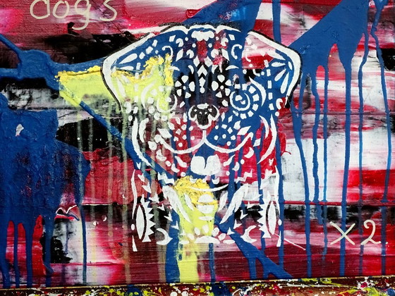 Quadro astratto con motivi di gatti e cani, CB, Dipinti e disegni, Legno, MDF, Rosso, Abstract (foto 9 di 15)