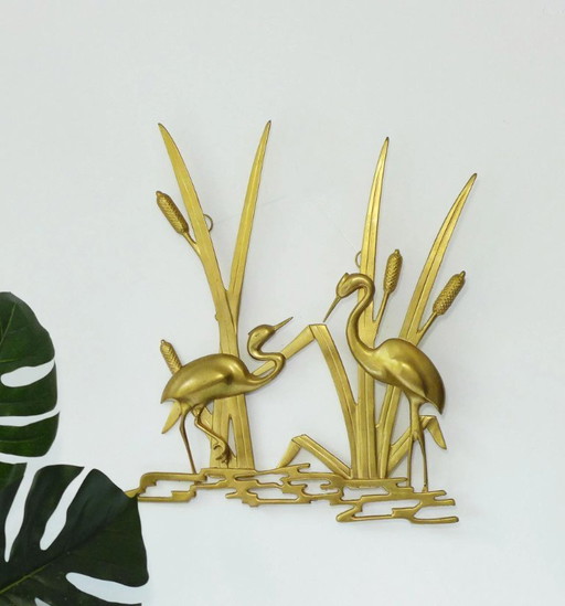 Decorazione murale vintage, gru dorate, quadro in ottone, anni '50, '60, '70, gioielli in ottone, Mid Century