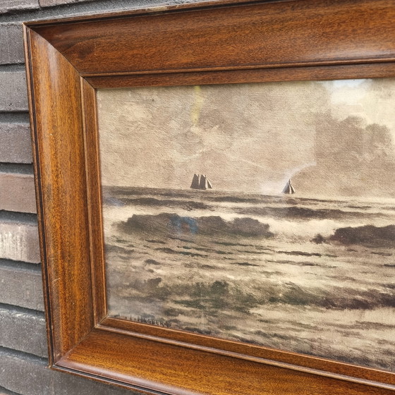 Image 1 of antiek 19e eeuw schilderij Charles J. Hagberg (American Illinois 19e/20e eeuw) sepia zeegezicht