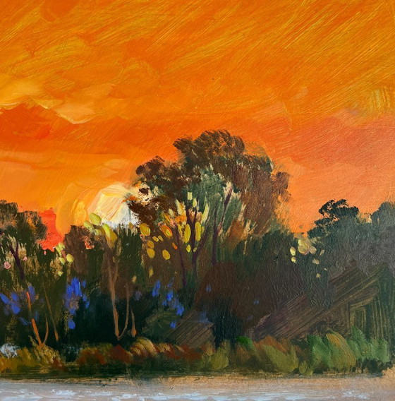 Image 1 of Pintura al óleo original: Paisaje de Sunset River, atardecer carmesí fascinante.