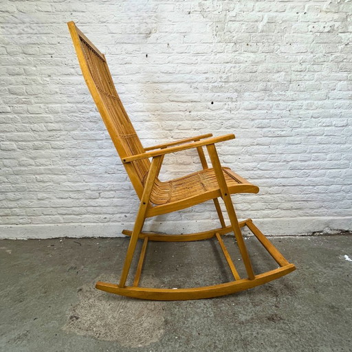 Hellerau Vintage Design Rocking Chair in Rattan and Wood