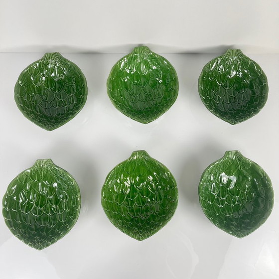 Image 1 of Vintage saladeset van groene artisjokbladeren met saladekom + 6 schalen, jaren 70