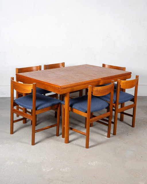 Mid-Century Dining Set by White and Newton Made of Teak and Blue Upholstery