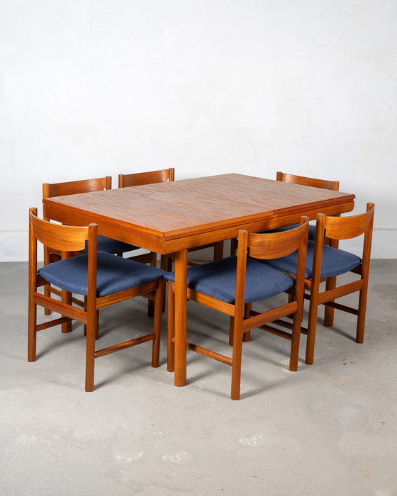 Image 1 of Mid-Century Dining Set by White and Newton Made of Teak and Blue Upholstery