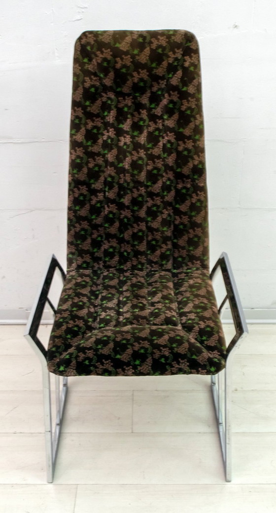 Image 1 of Set van 4 Mid Century Moderne Italiaanse Verchroomd Staal en Fluwelen Eetkamerstoelen 1970