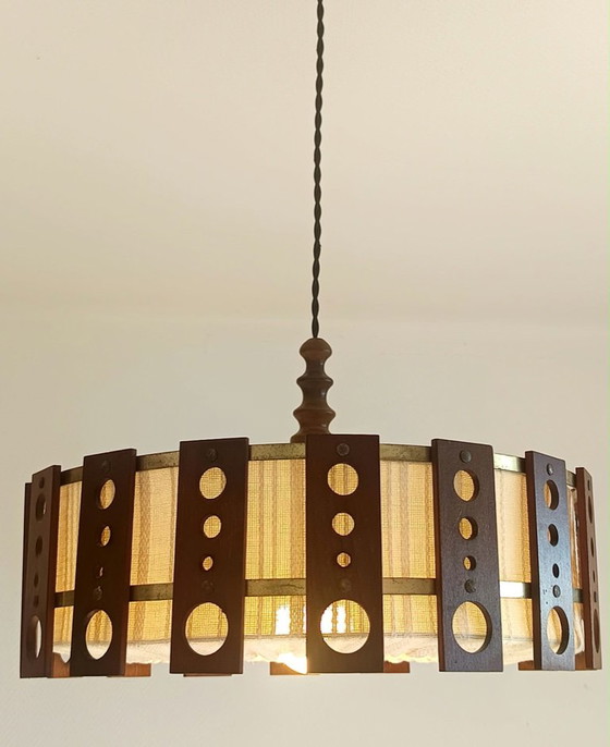 Lampada a Sospensione Scandinava in Teak e Tessuto Circa 1960 – Lampade a sospensione, Wood (photo 10 of 10)