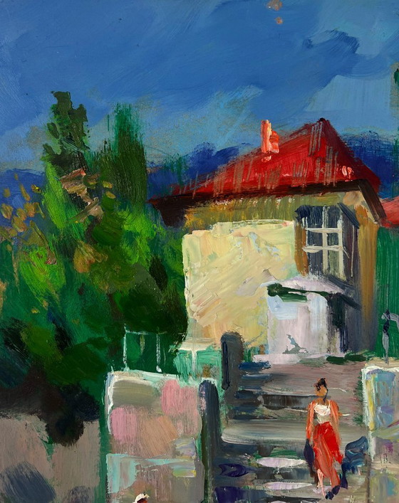 Image 1 of Original Oil Painting Summer House Landscape Old city building with stairs