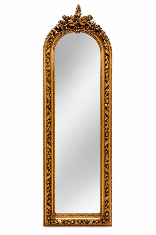 Large Golden Full-Length Mirror with Ornate Crest
