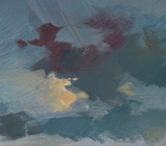 Image 1 of Origineel olieverfschilderij: Avondlandschap aan de rivier. Een rustige avond aan de rivier.