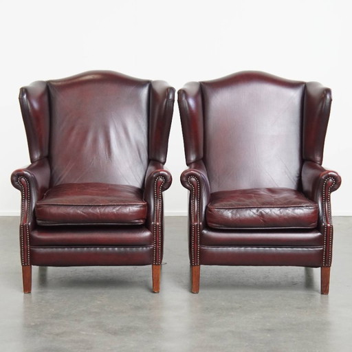 2x Bordeaux red cowhide leather ear chairs in English style