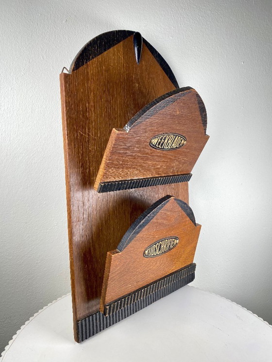 Image 1 of Portariviste antico/vintage - Portariviste da parete - Portariviste in legno Art Déco olandese degli anni '30 - Scuola di Am