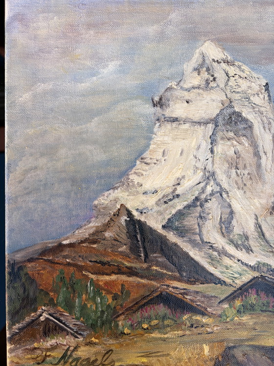 Óleo original del Matterhorn en los Alpes, firmado por F. Nagel, 1992, 40x30 cm, Zermatt, Suiza. (photo 7 of 10)