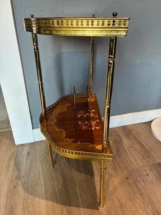 Console Murale Demi Lune, Table en Bois Incrusté Laiton Années 50, Doré, 1950 (photo 5 sur 7)