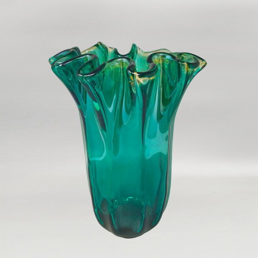 1970s Michielotto Emerald Green Fazzoletto Murano Glass Vase — Italian Vintage – vazen (photo 2 of 10)