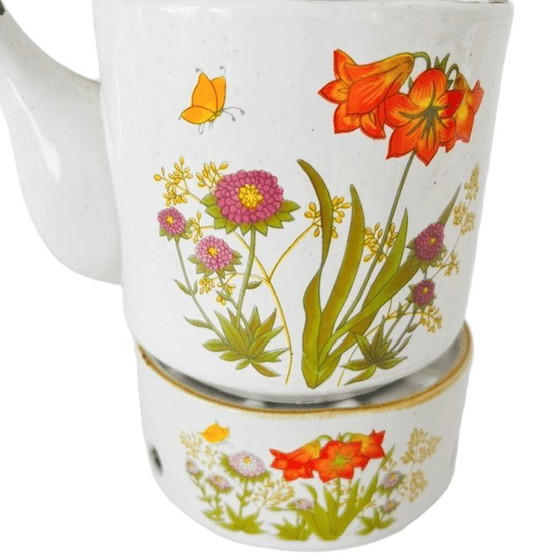 Image 1 of Teiera in ceramica vintage e scaldavivande con fiori selvatici, stile rustico retrò anni '70.