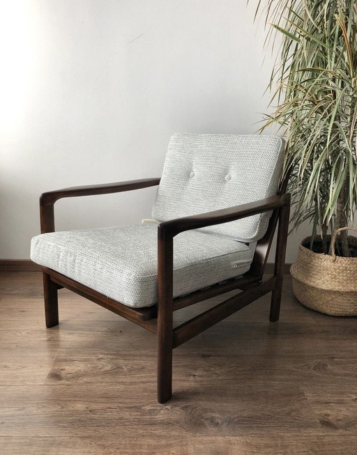 Mid - Century Armchair Gray Herringbone Fabric by Z. Baczyk 1970