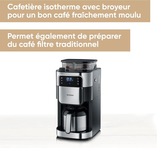 SEVERIN Cafetière avec broyeur intégré 1 000 W, Machine à café programmable avec minuteur, Cafetière filtre avec verseuse isothe