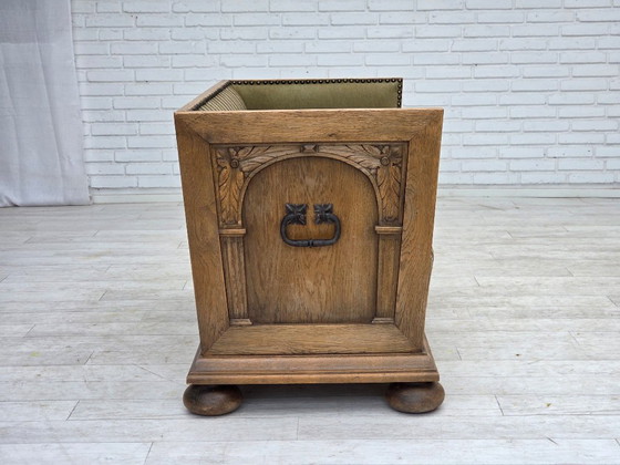 Image 1 of Dänisches 2-Sitzer-Sofa aus den 1950er Jahren, original gestreifte grüne Möbelwolle, Eichenholz.