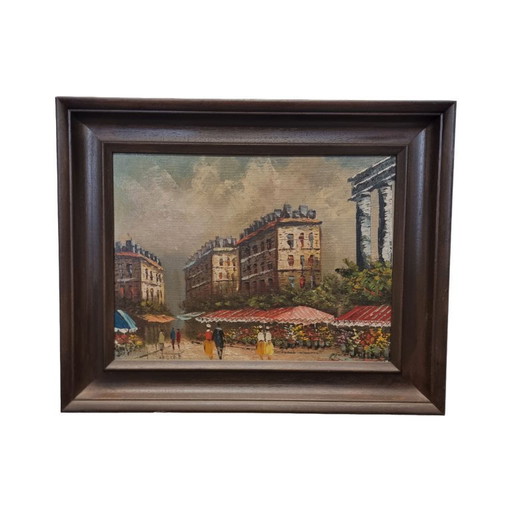 Vintage oil painting with Paris flower market Frederic, 20th century