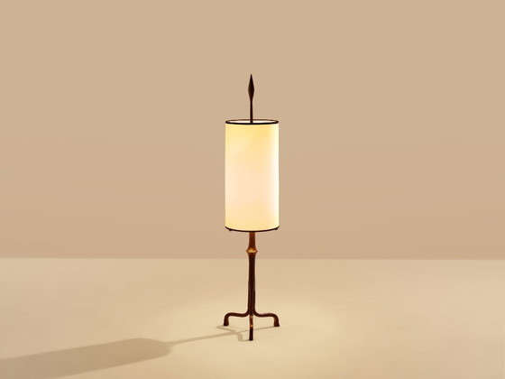 Francis Dewaele & Les Artisans de Marolles smeedijzeren lamp 1955, Tafellampen, Metaal, Textiel, Zwart (foto 2 van 10)
