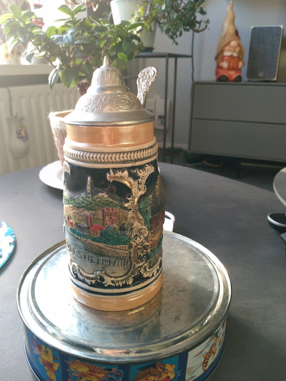 Image 1 of 3 vecchi barattoli di birra originali, due con coperchio originale, l'ultimo è Rüde daheim/RHSpossed Gasse.