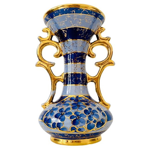 Mid-century Belgian vase blue gold Bequet baroque 1950s