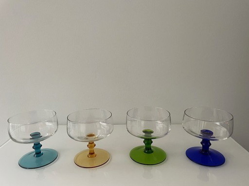 4 Vintage Coupe Glasses On Colored Base