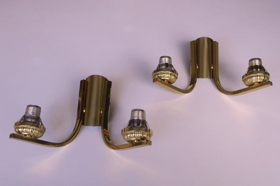 Image 1 of Mid Century Pair of Brass and Glass Double Wall Lights, 1970s