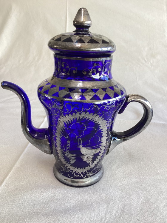 Image 1 of Zeldzaam Italiaans kobaltblauw glazen koffie- en likeurservies met zilverdecor – 21-delig – ca. 1950-1970