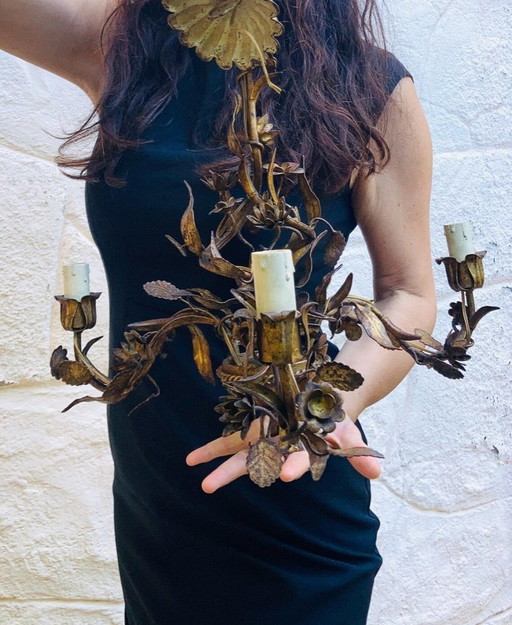 Lámpara colgante vintage italiana de hierro dorado, lámpara de techo florentina Hollywood Regency de 3 luces.
