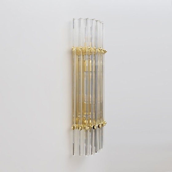 Image 1 of Paar "Triedri" lampen van messing en Muranoglas, Venini-stijl, midden 20e eeuw