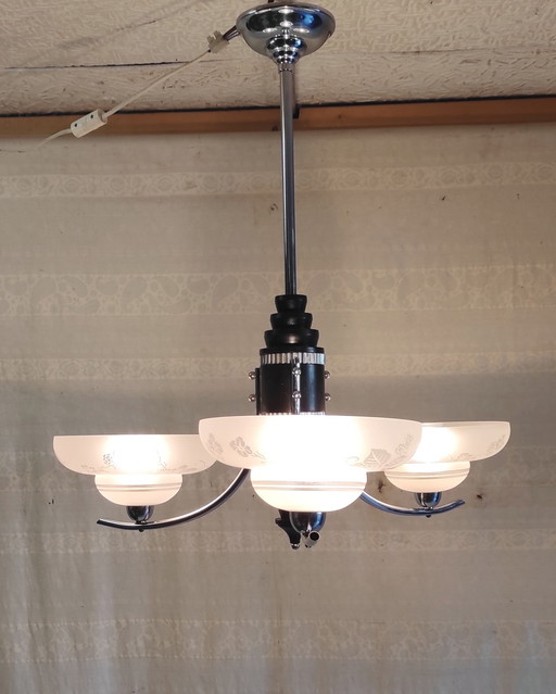 Lustre 3 feux Art-Déco en métal, bois et verre - mid.XXeme