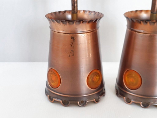 PAIR OF VINTAGE 1970S BRUTALIST PENDANT LIGHTS IN COPPER & ORANGE PLASTIC 70S