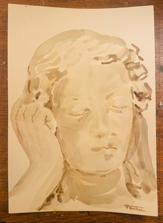 Image 1 of Retrato de una mujer en acuarela sepia monocromática, "pensamiento".