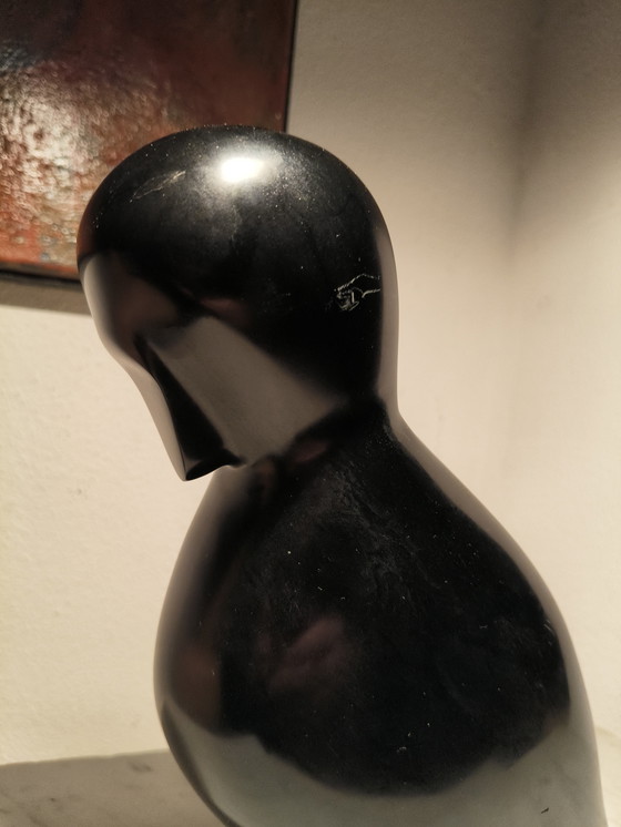 Image 1 of Vintage design modernist black marble sculpture of a stylized abstract bird on a white marble base