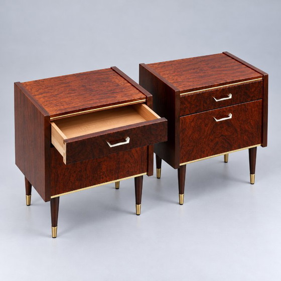 Set of 2 vintage design Nightstands with brass details, Wood, Brown (photo 6 of 8)