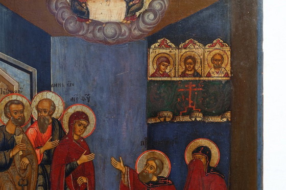 Image 1 of Icono religioso tradicional de roble del siglo XIX Un santo cura a un enfermo, 1800