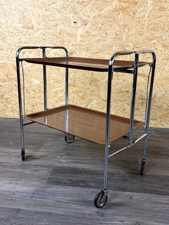 Image 1 of 1960s/70s Serving Trolley/Dinette Side Table, Space Age Design, Chrome/Brown