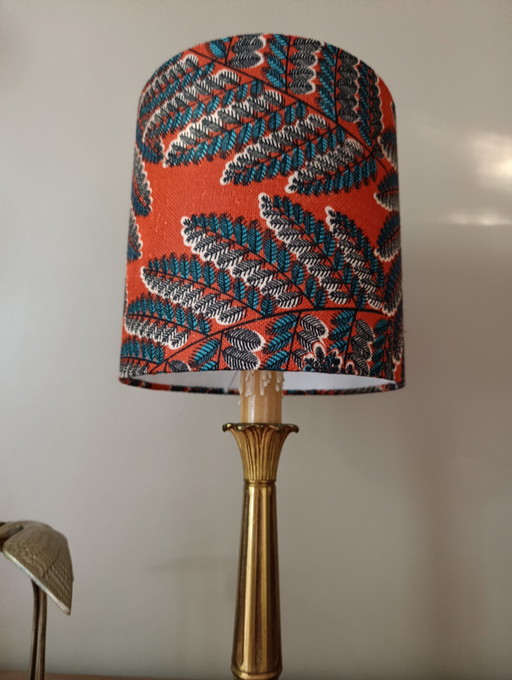 Vintage gilded bronze table lamp, plant-print linen shade