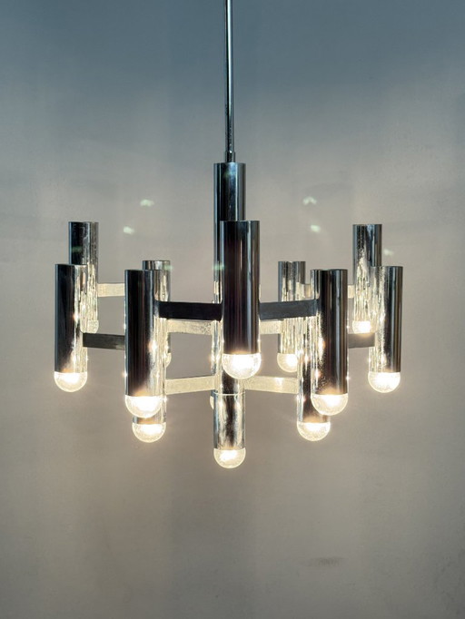 Mid-Century Design Large Sciolari Chandelier with Chromed Frame, Italy, 1970s