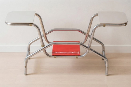 Image 1 of Bauhaus Tubular Steel Flower Stand with Colored Glass Shelves, 1930s, Czechoslovakia, 85 × 30 × 40 cm