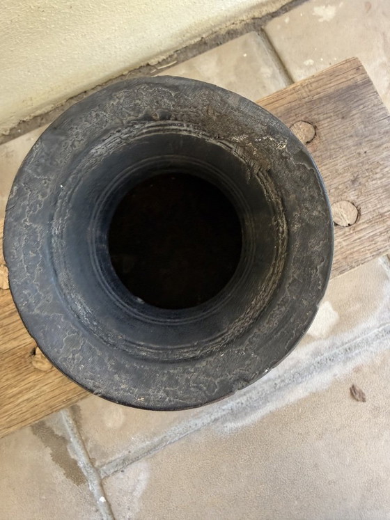 Image 1 of Set of 3 Nepalese Indian pots, carved black wood, tribal & wabi-sabi style