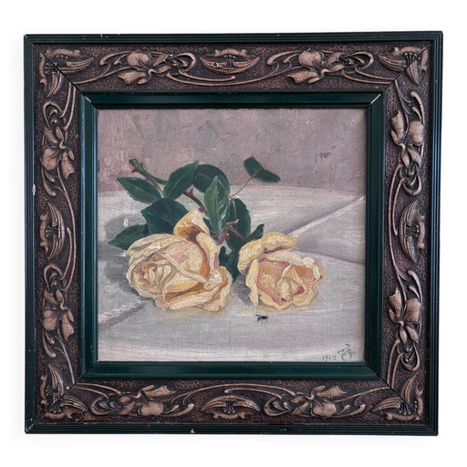 Peinture à l'huile originale ancienne représentant une nature morte de roses jaunes.
