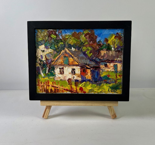 Original Oil Painting Village Day Landscape Village under the summer sky