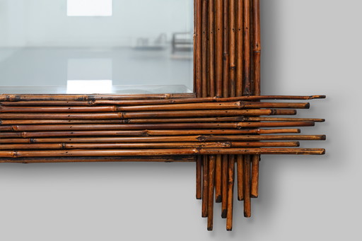 Large Vintage bamboo mirror with beveled mirror, France 1960s
