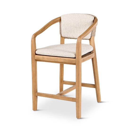 Sgabelli da bar in teak con schienale intrecciato e cuscino, 2 pezzi, Castle Line, Legno, Tessile, Beige (foto 7 di 7)